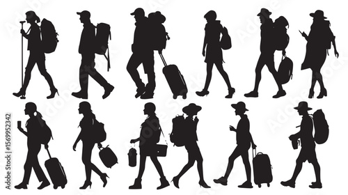 Set of silhouettes of tourists and travelers , black silhouettes isolated on white background
