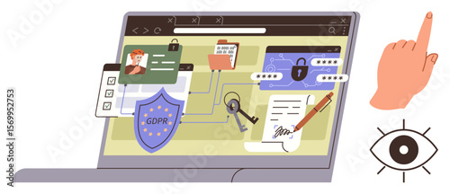 Laptop screen displaying GDPR shield, login credentials, keys, contracts, hand gesture, and eye icon. Ideal for cybersecurity, privacy, compliance protection authorization digital laws simple