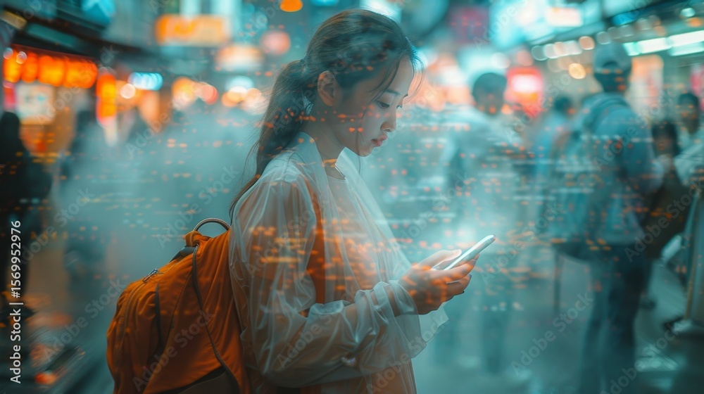 Obraz premium Chica asiática, disfrutando del teléfono, móvil y redes sociales e Internet.