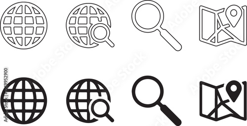 Search and Discover: A collection of various black and white icons, including a globe, a magnifying glass, and a map, each representing the concept of discovery, exploration.