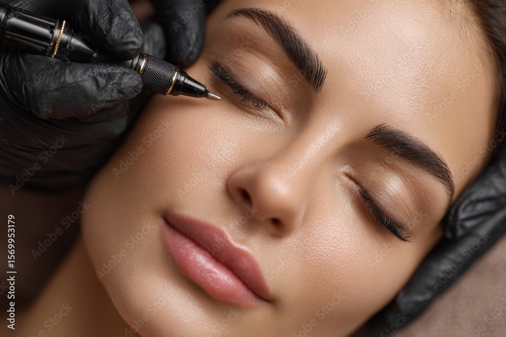 Obraz premium Micro Blanding y estética sobre el rostro de una mujer bella.