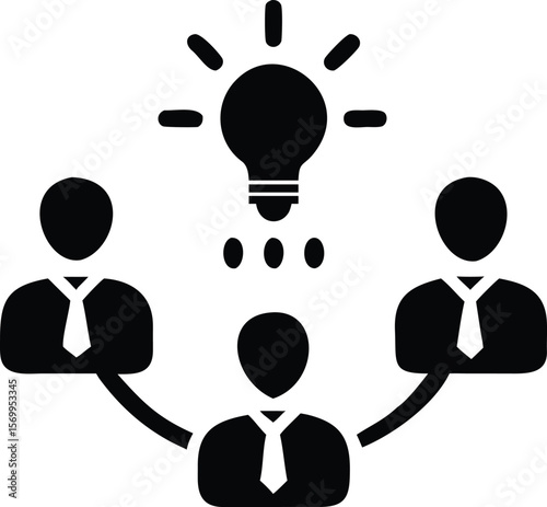 Black and white illustration three businessmen brainstorming around lightbulb idea teamwork concept vector