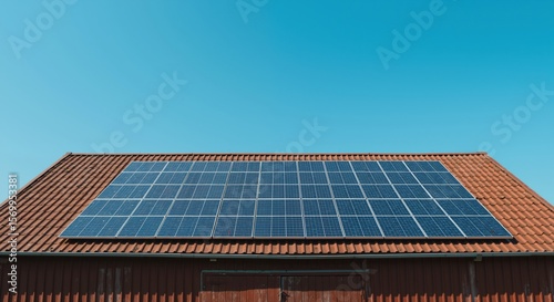 Solar panels roof blue sky renewable energy house. Photovoltaic system residential building sustainable technology. Green energy concept