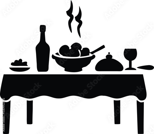 Black and White Silhouette Dinner Table Setting with Food Wine Glass and Serving Dish vector