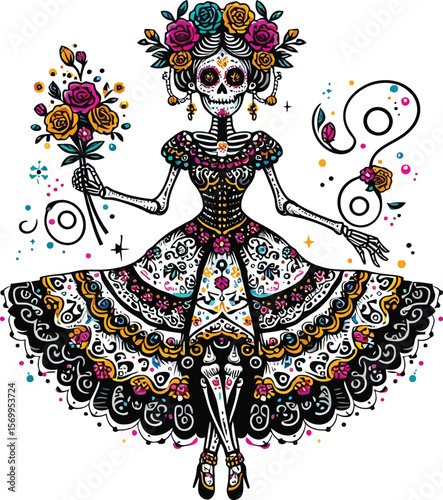 Vector Clipart of a Catrina in Day of the Dead Style with Clean White Background