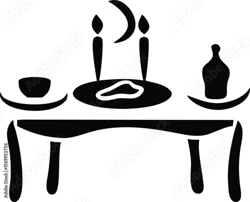Black and White Stylized Tabletop Scene with Candles Crescent Moon and Bottle Simple Ritualistic Icon