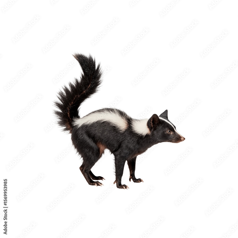 Obraz premium Alert Skunk: A black and white striped skunk stands poised and alert, tail arched, and ready. Witnessing its natural grace and distinctive markings in a classic wildlife moment.
