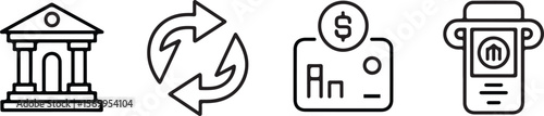 Black and white line art icons depicting bank building, arrows, credit card with dollar sign, and A T M machine