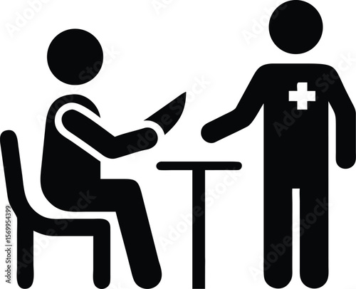 Black Silhouette Doctor Patient Consultation Table Meeting Icon vector