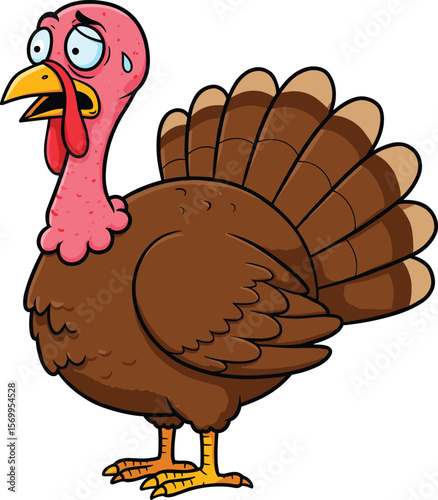 Worried Cartoon Turkey Character Looking Sad and Sweating, Scared Thanksgiving Bird Feeling Anxious, Humorous Farm Animal Illustration, Stressed Poultry Graphic, Autumn Holiday Design Element

.