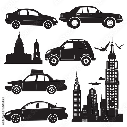 Set of silhouettes on a theme city car, journey, traffic, skyscrape , black silhouettes isolated on white background