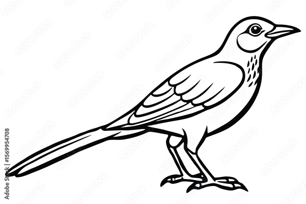 Obraz premium Stylized Black and White Line Drawing of a Bird Perched and Facing Right
