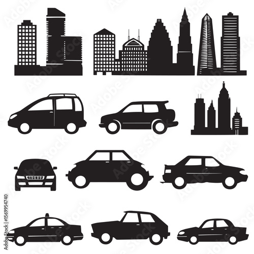 Set of silhouettes on a theme city car, journey, traffic, skyscrape , black silhouettes isolated on white background