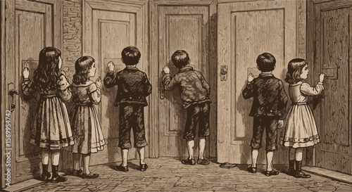Children knocking on doors in a vintage hallway setting  