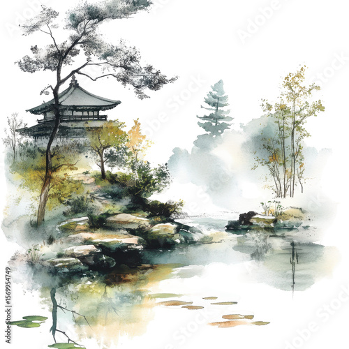 Japanese landscape in watercolor with a fairy garden, ink landscape painting, Watercolor depiction of a Japanese landscape, isolated on transparent background
