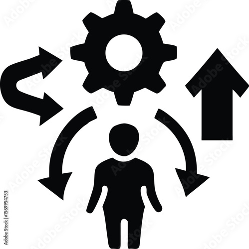Black Silhouette Person Icon Centered with Gear and Arrows Representing Growth and Process Management