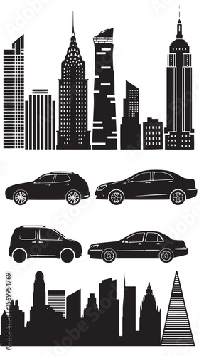 Set of silhouettes on a theme city car, journey, traffic, skyscrape , black silhouettes isolated on white background