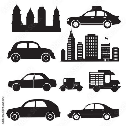 Set of silhouettes on a theme city car, journey, traffic, skyscrape , black silhouettes isolated on white background