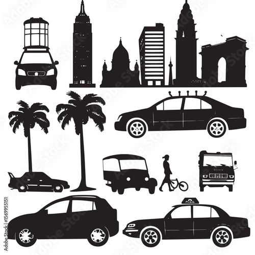 Set of silhouettes on a theme city car, journey, traffic, skyscrape , black silhouettes isolated on white background
