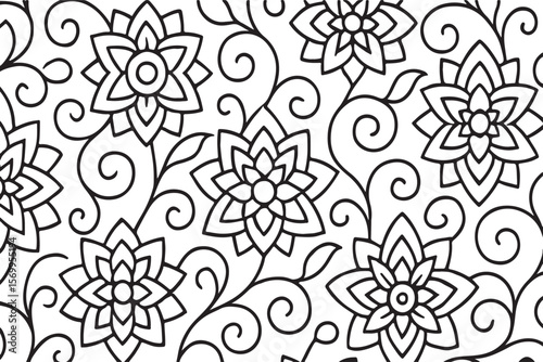 Elegant black and white floral pattern with swirling vines and stylized blossoms creating a decorative ornamental background design