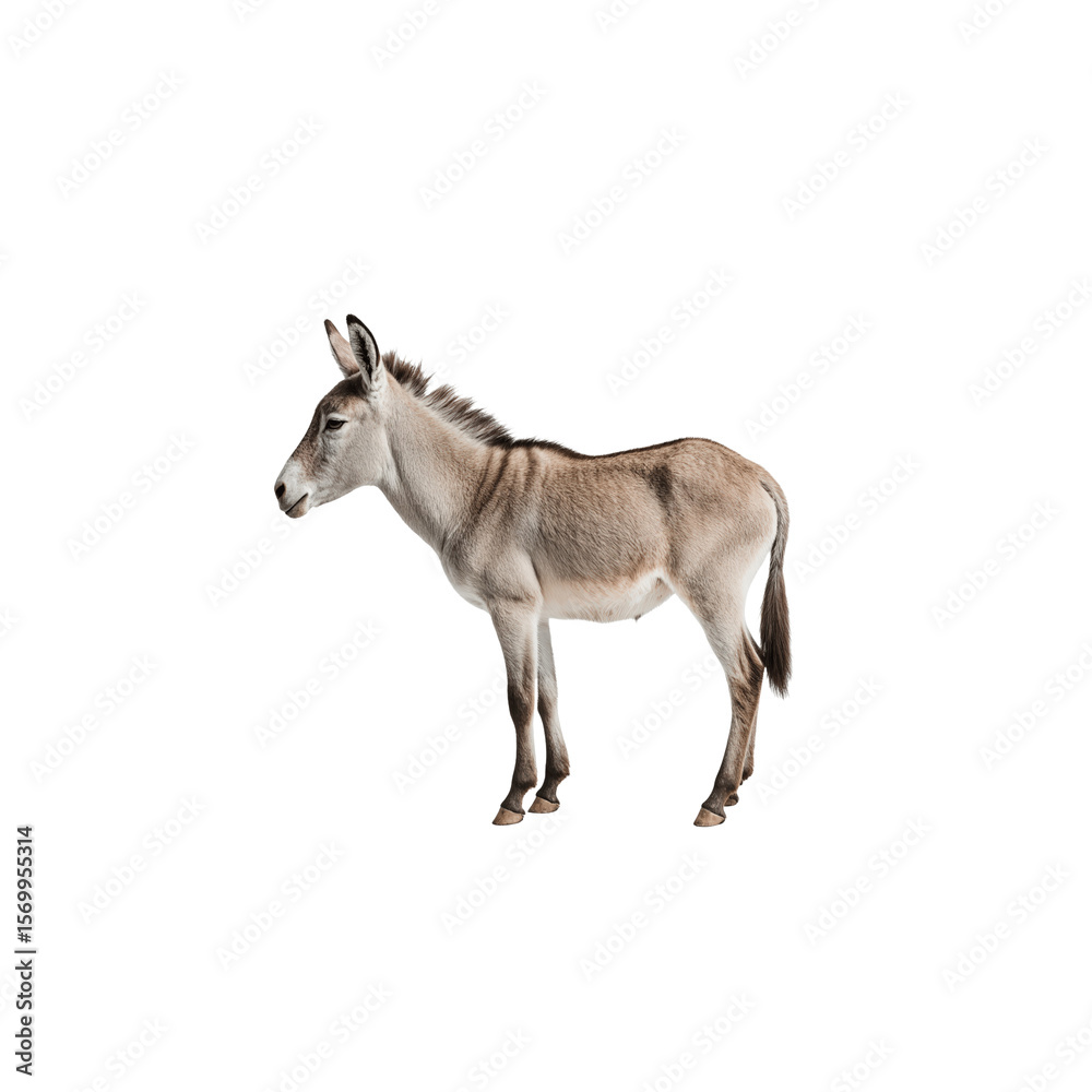 Fototapeta premium Miniature Donkey Profile: A charming miniature donkey, standing in profile view, showcases its soft, light brown coat and distinctive features against a clean background.