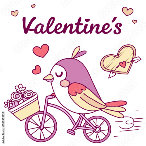 Valentine Blush colored Hummingbird with a Content touch, placed in a Valentine theme and styled with riding a bicycle