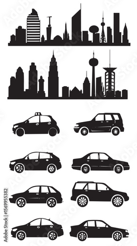 Set of silhouettes on a theme city car, journey, traffic, skyscrape , black silhouettes isolated on white background