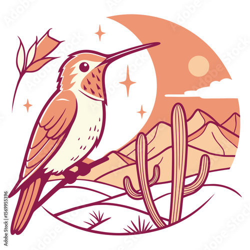 Charming SVG of a Dreamy Hummingbird featuring with a tiny crown, styled in a Desert sunset theme with Sundown Glow hues