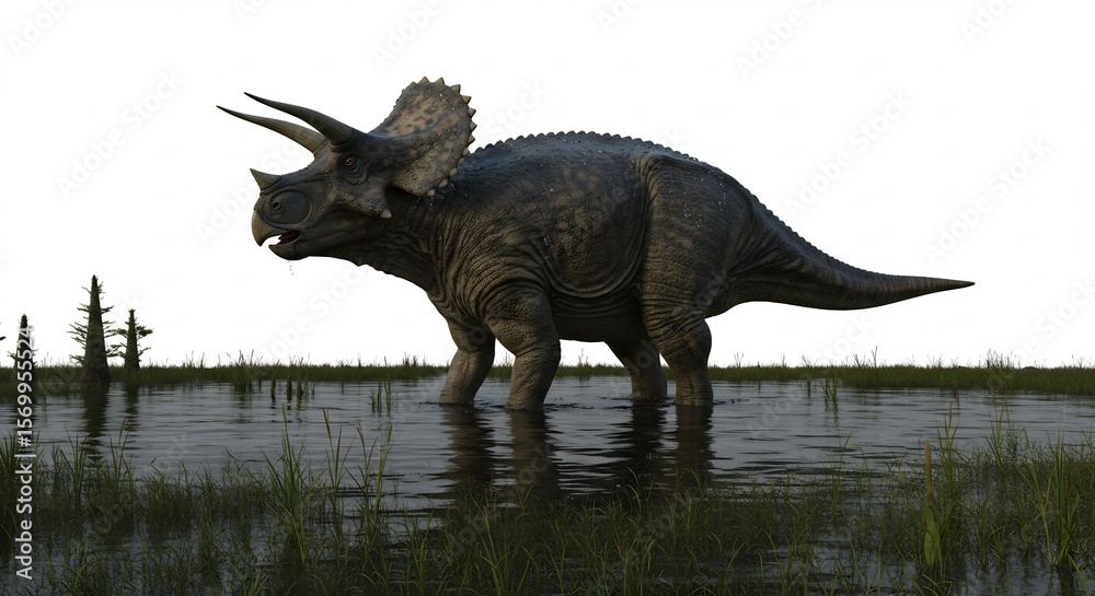 Fototapeta premium Triceratops puissant traverse paisiblement marais lumineux matin. AI Generated