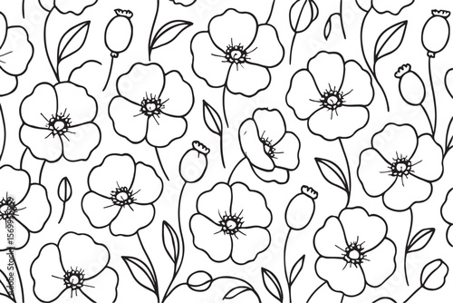 Seamless pattern of delicate black line art poppies and seed pods on a white background elegant floral design