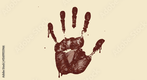 Bloodied handprint on light background representing fear and horror  