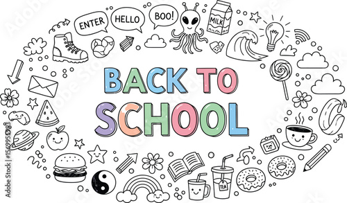 Back to school doodles vector illustration with school supplies and items
