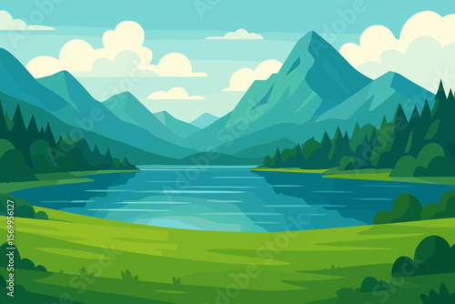 Panoramic summer landscape with lake, mountains and forest. Green grass field clearing. Nature scenery background. Modern flat vector cartoon illustration for travel or tourism.