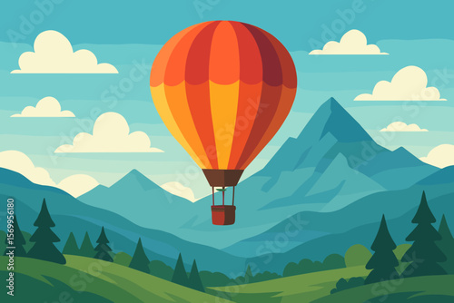 Hot air balloon flying over a mountain landscape. Scenic nature background with hills, trees, and clouds. Concept of travel, adventure, and discovery. Vector flat cartoon illustration.