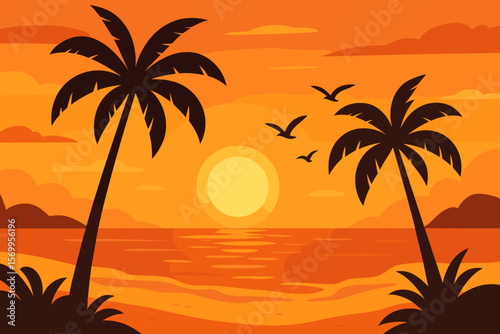 Beach sunset with palm trees and seagulls. Paradise tropical island background. Orange sundown on the sea coast. Summer vacation, travel concept. Modern flat vector cartoon.
