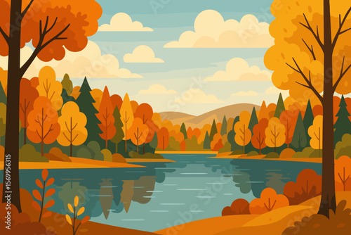 Autumn forest landscape with lake and clouds. Stunning scenery of a mixed forest and water in the fall season. Modern flat vector cartoon illustration background and concept.