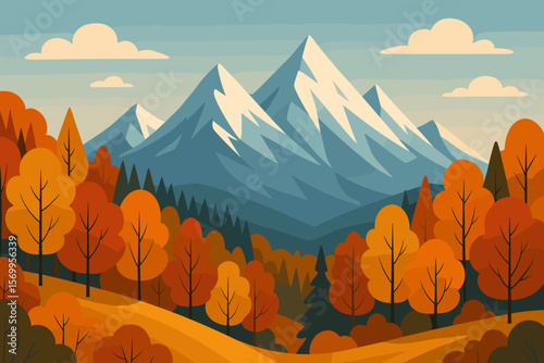 Beautiful autumn mountain landscape vector illustration. Amazing scenery of snowy mountains and orange forest. Flat design for print, flyer, background, wallpaper, travel.