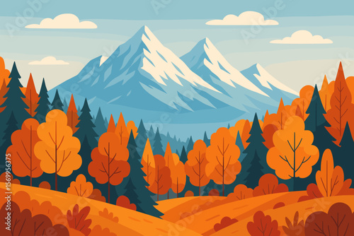 Autumn mountain landscape with snowy peaks and orange forest. Seasonal travel scenery background. Nature outdoor wilderness valley vector illustration. Fall season park concept.