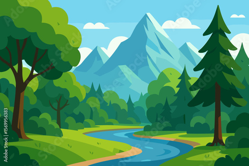 Summer mountain valley landscape with river stream flowing through a green forest. Nature background scene with trees, hills and blue sky. Modern flat cartoon vector illustration.