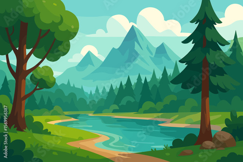 Beautiful summer landscape with river and forest. Mountain valley scenery background. Concept for outdoor travel, tourism, adventure. Modern flat cartoon vector illustration.