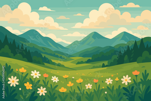 Beautiful summer landscape with mountains, forest, and flower field. Peaceful nature scenery for travel, tourism, and hiking concepts. Modern flat cartoon vector illustration.