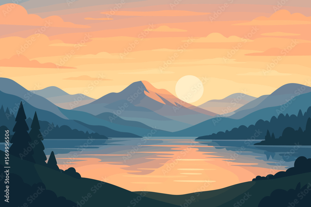 Obraz premium Vector landscape with mountains and lake at sunrise or sunset. Peaceful nature scenery with sun, forest, and water reflection. Modern flat cartoon illustration background.
