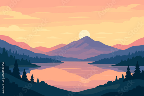 Mountain lake landscape at sunrise. Vector illustration. Nature background with sun, sky, water reflection, forest silhouette. Flat cartoon design for travel, adventure.