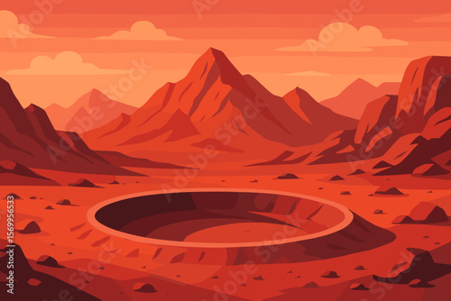 Martian landscape with crater and red mountains. Mars planet surface vector background. Space exploration, alien world concept. Modern flat cartoon vector illustration design.