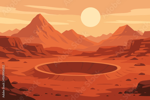 Martian landscape with mountains and crater. Red planet surface view. Space exploration, cosmic background. Alien planet scenery with sun. Sci-fi cartoon vector illustration.
