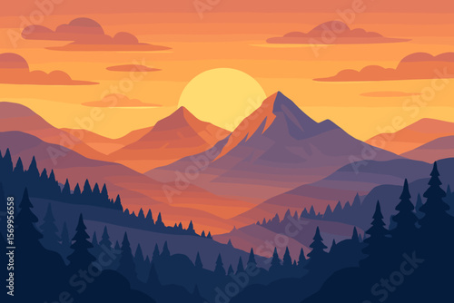 Mountain landscape vector background. Flat nature illustration with mountains, forest, sun, and sky at sunset. Concept for travel, adventure, hiking, camping, trekking, climbing.