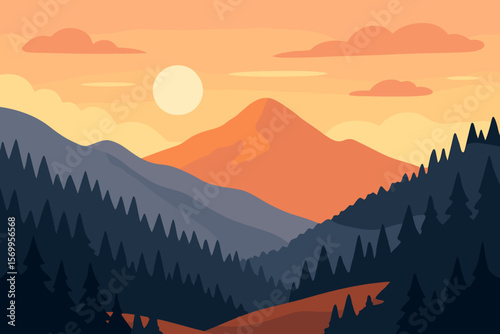 Mountain landscape vector illustration. Nature scenery with forest, hills and sun. Flat design for travel, hiking, adventure background. Outdoor wilderness exploration at sunset.