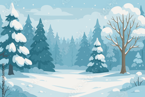 Winter forest landscape with snow covered fir trees. Christmas holiday season background. Snowy panoramic nature scenery. Peaceful outdoor view. Flat vector cartoon illustration.