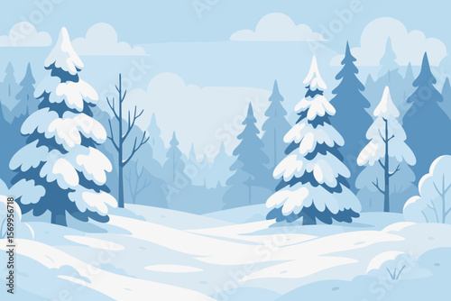 Winter landscape with snow covered fir trees in a forest clearing. Panoramic view. Modern flat cartoon vector illustration. Snowy scenery background for wallpaper or banner.