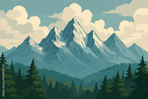 Majestic mountain range with snowy peaks and a dense pine forest. Serene nature landscape for travel and adventure concepts. Vector cartoon illustration for background or banner.